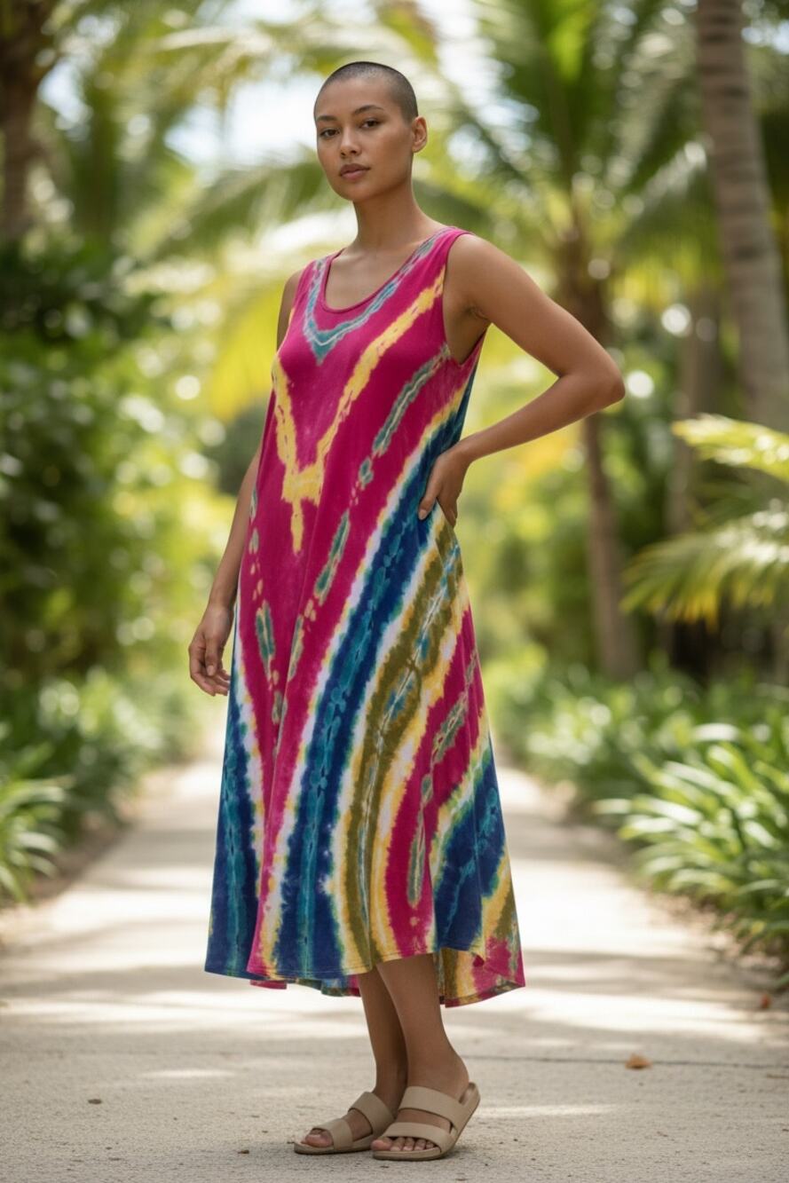 INDIA BOUTIQUE TIE DYE COLORFUL GAUZY RAYON FLARED SLEEVELESS BEACHY ONE SIZE